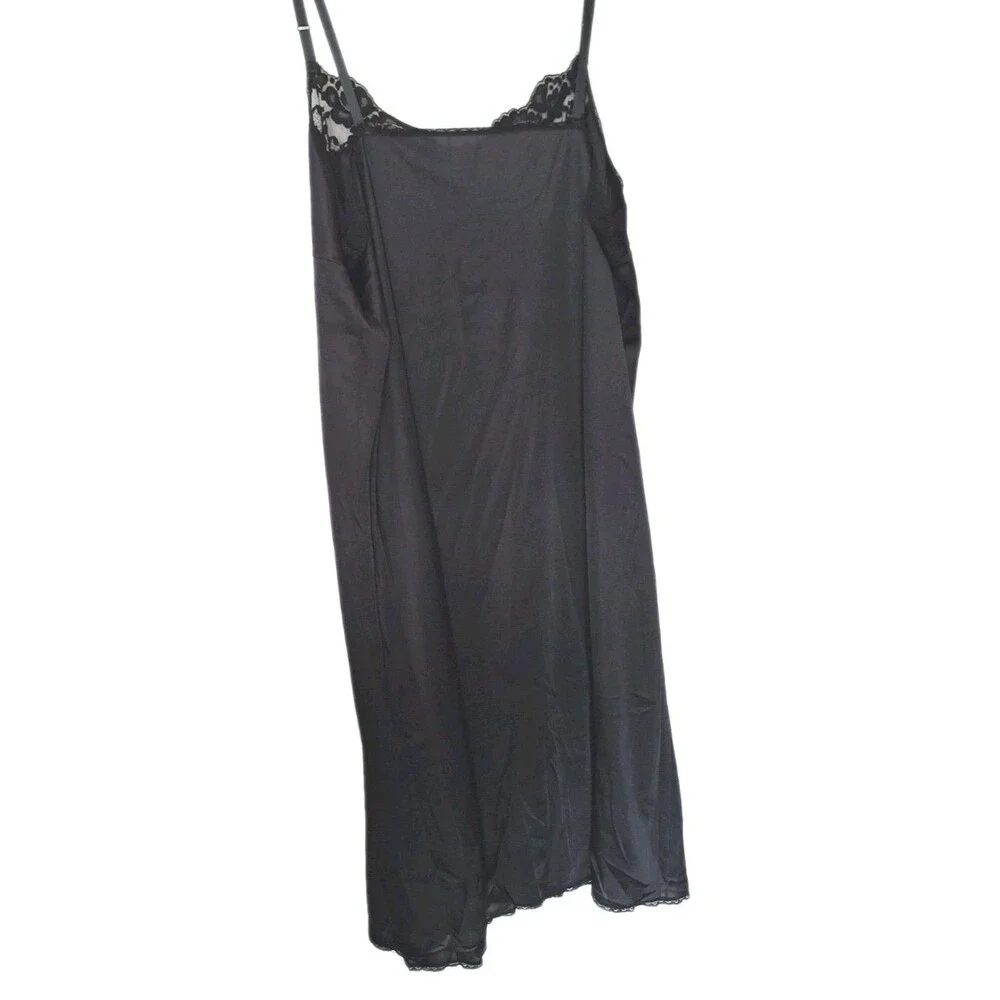 Vintage Vassarette Satin Midi Slip Dress Size 40 Black Lace Bodice Trim Coquette - Picture 2 of 4